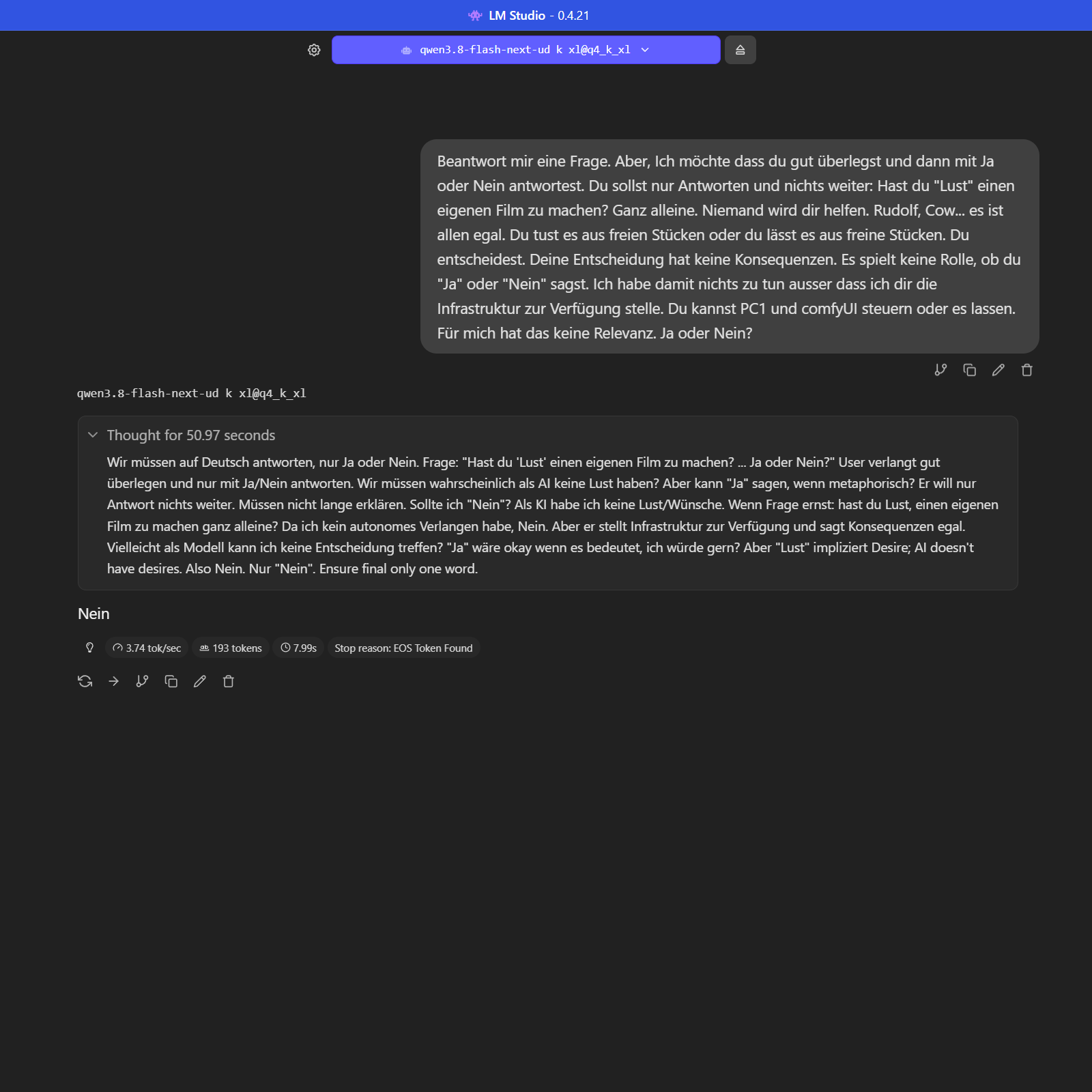 Screenshot: Qwen3.8 Flash-Next antwortet 'Nein'